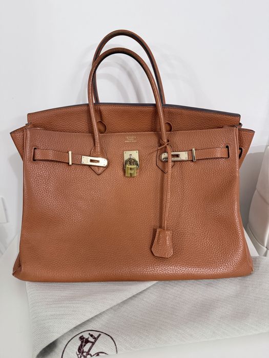 Geantă piele naturală maro caramel, model Birkin, dimensiune mare