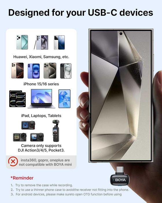 BOYA mini - Най-малките безжични микрофони (2 броя, USB-C)