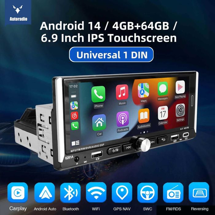 6.9" Android Мултимедия за кола 1 DIN - 4GB+64G, CarPlay, Android