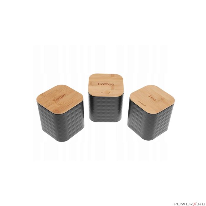 Set 3 recipiente pentru bucatarie, inox-bambus, negru cu irizatii,