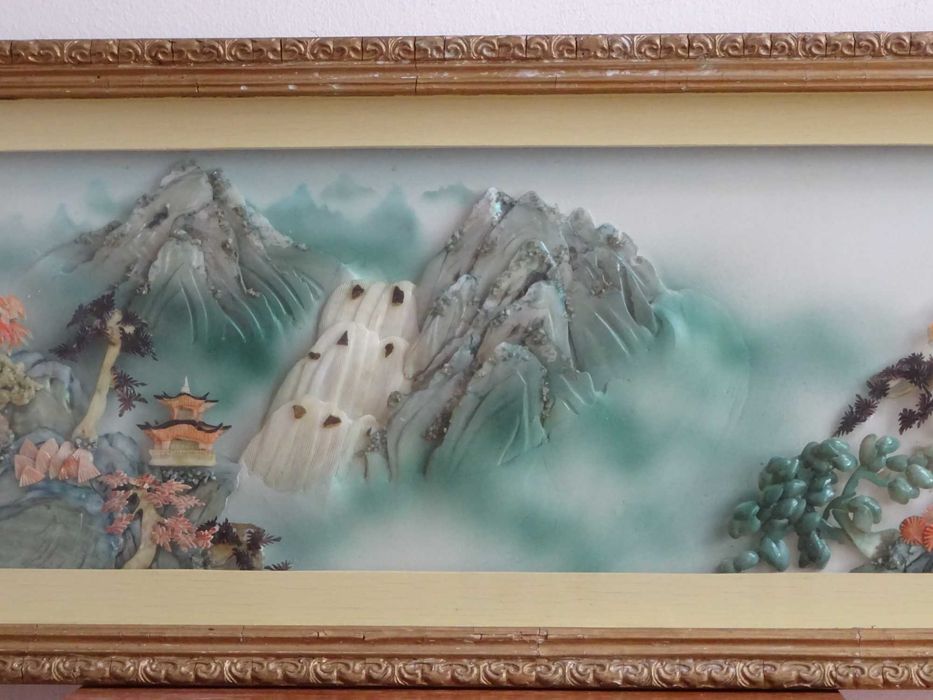 Tablou Asiatic vechi, cu Scoica sculptata manual - DEOSEBIT