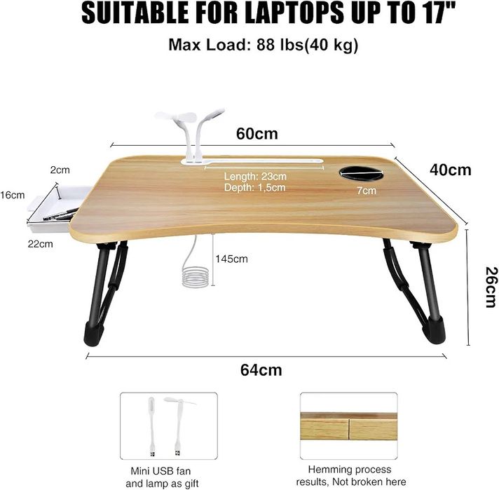 A3A ACADGQ Noptiera, Masuta pliabila pentru laptop cu 4 interfete USB, sertar, slot pentru pahare, suport tableta, birou pentru pat