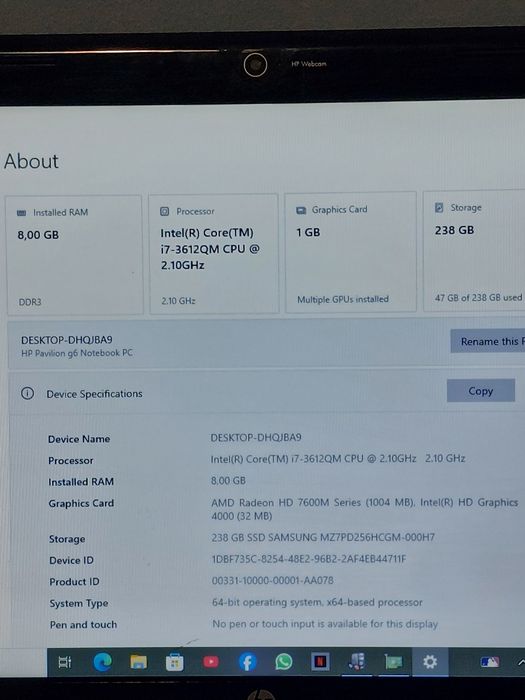 Laptop HP i7 3612QM 2,1/3,1Ghz, 8GB, 256GB, Radeon HD 7670M 1GB, Win 10 Office 2024