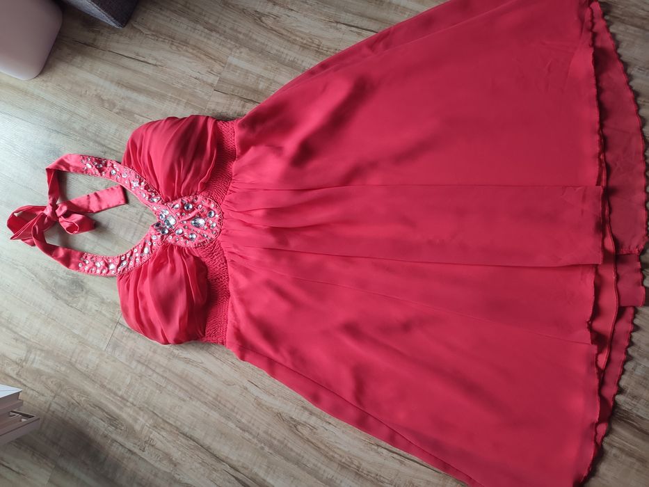 Коралова рокля шифон/сатен