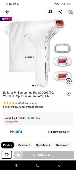 Epilator Philips Lumea IPL SC2009/00, 250.000 impulsuri, Acumulator.