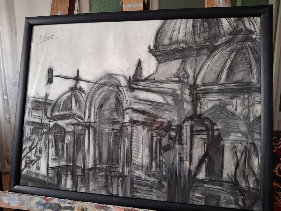 Tablou  original in carbune,CEC. 52.5x40cm cu rama.