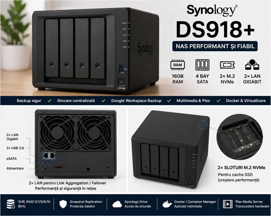 Synology DS918+ NAS – 16GB RAM Kingston HyperX Impact – 4 Bay – 2x M.2 NVMe – extensibil la 9 HDD