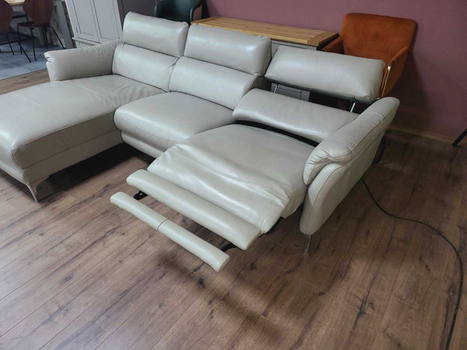 Сив кожен ъглов диван с електрически релакс механизъм