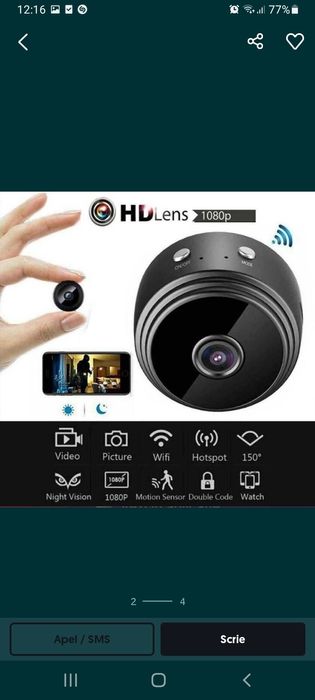 Mini Camera WiFi de Supraveghere, 1080p, Full HD

Night Vision, unghi