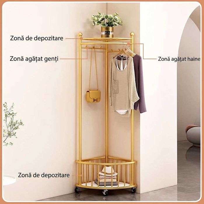 Cuier de Colt cu Roti Metal Rezistent  40x38x160cm Auriu Negru  Alb pentru Hol si Living