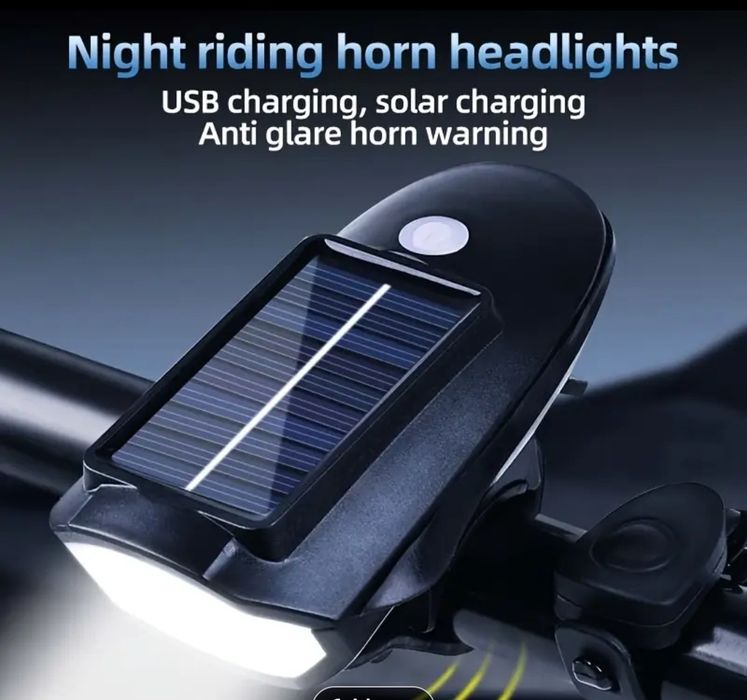 Комплект соларен LED фар с клаксон за велосипед колело  мощна светлина