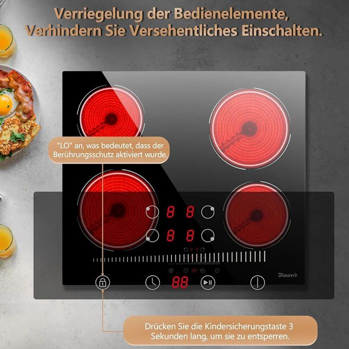 Стъклокерамичен плот за вграждане 4 зони 60см 6000W, Disaenvir