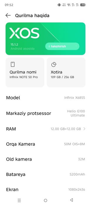 Infenix not 50 pro 12+12ram 250 xotira