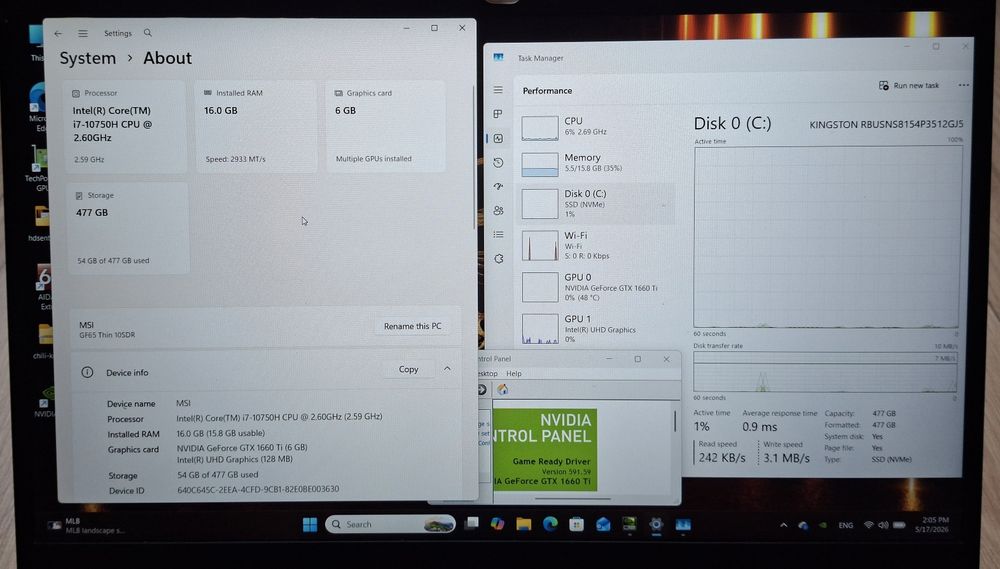 15.6' IPS 144hz MSI GF65 Core i7-10750H/GTX 1660Ti 6GB/16GB/512GB SSD