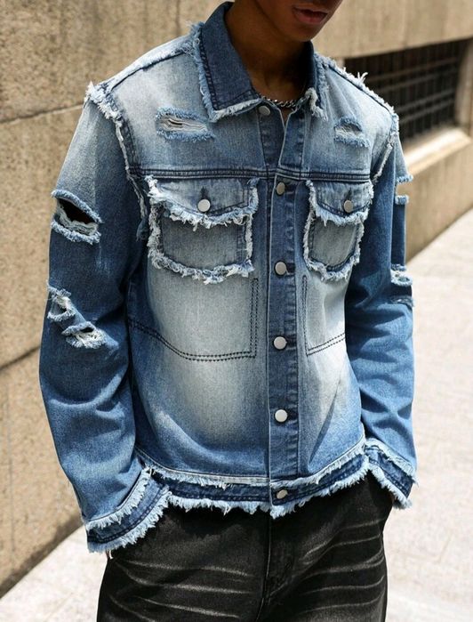 Ново мъжко карго дънково яке  Street Style  изтъркано деним памук  XXL