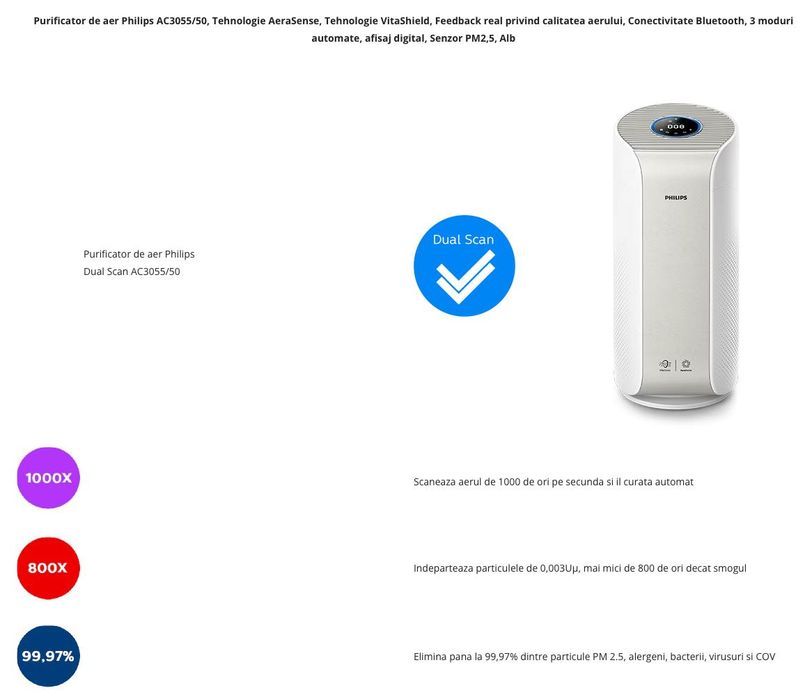 Purificator de aer Philips AC3055/50, 62mp, Wi-Fi