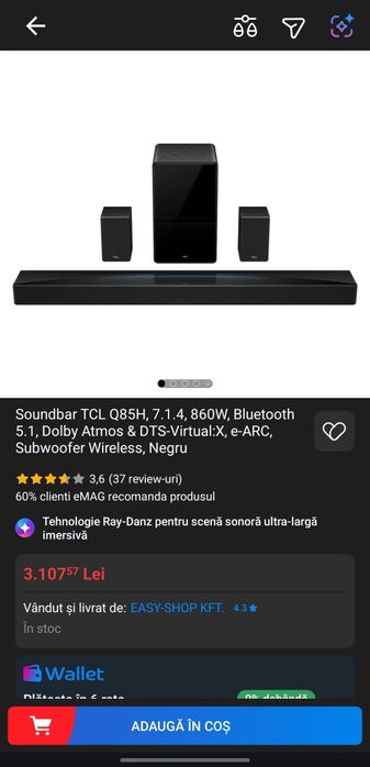 450Soundbar TCL Q85H, 7.1.4, 860W, Bluetooth 5.1, Dolby Atmos & DTS-Virtual:X, e-ARC, Subwoofer Wireless, Negru
