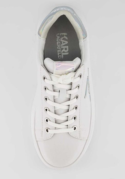 Karl Lagerfeld - Кожени спортни обувки с метално лого, Бял, Сребрист