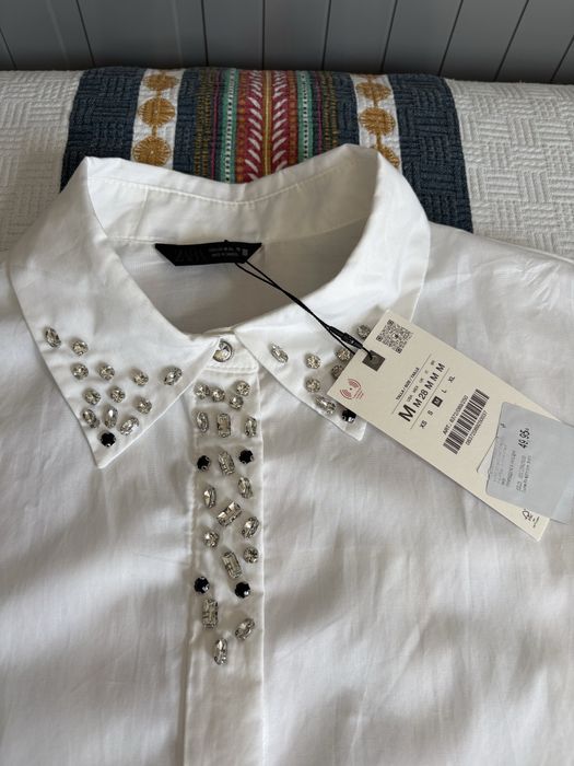 Риза с камъни Zara POPLIN SHIRT WITH JEWEL COLLAR