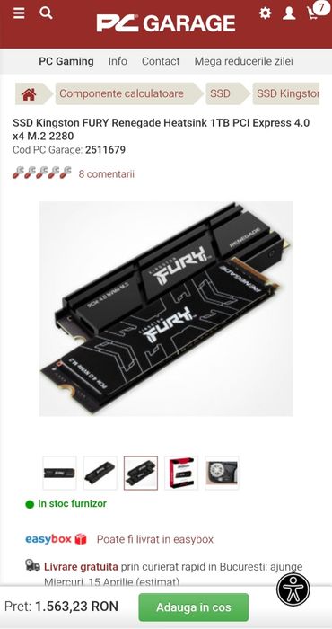 Ssd Kingston fury renegate gen.4 1tb nvme m.2 + heat sink