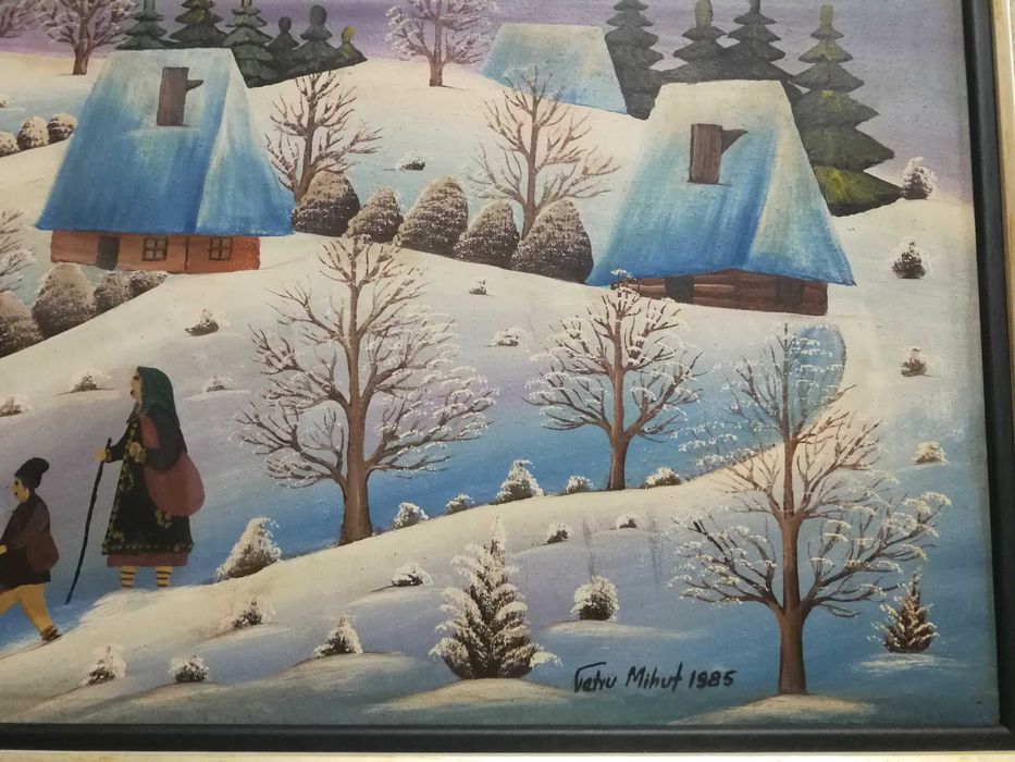 Tablou Arta Naiva Pictura Ulei pe Panza Petru Mihut Iarna 1985