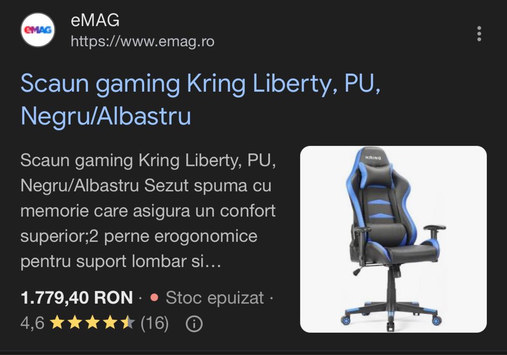 Scaun gaming Kring Liberty negru/albastru, foarte confortabil