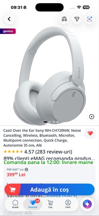 Casti Over the Ear Sony WH-CH720N, white, noi, sigilate