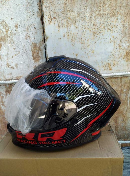 Мото каска Dual Visor – Интегрална Racing  каска за мотор атв, сутер колело байк, тротинетка с карбон ефект и слънчев визьор размери от С до ХЛ