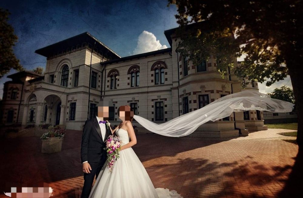 Rochie mireasa cu elemente Swarovski trena si voal lung de 3m