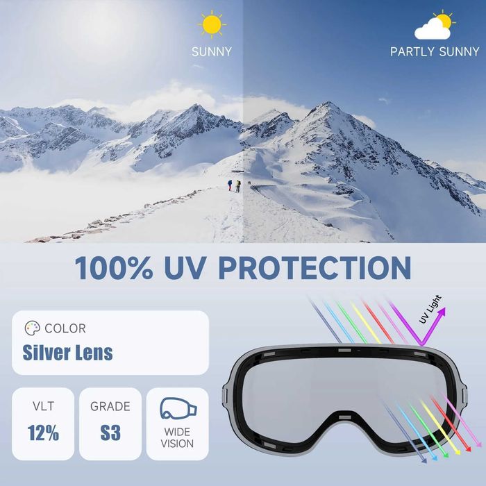 Ochelari de schi magnetici FINDWAY, protecție 100% UV400, alb-oglinda