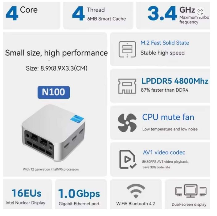T8Plus Mini PC | Мини компютър | N100 | 16 DDR5 | 512 GB NVMe