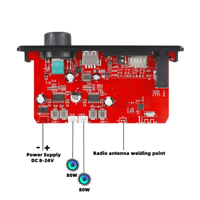 Mp3 player 2*80W с Блутут 5.0, DC 8V-24V, ,Tf card, папки, Fm,6.35