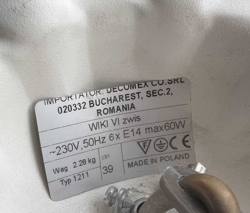 Lustra alba cu 6 brațe, 6 x 40 W