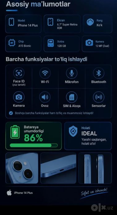 iPhone 14 plus, ideal holatda