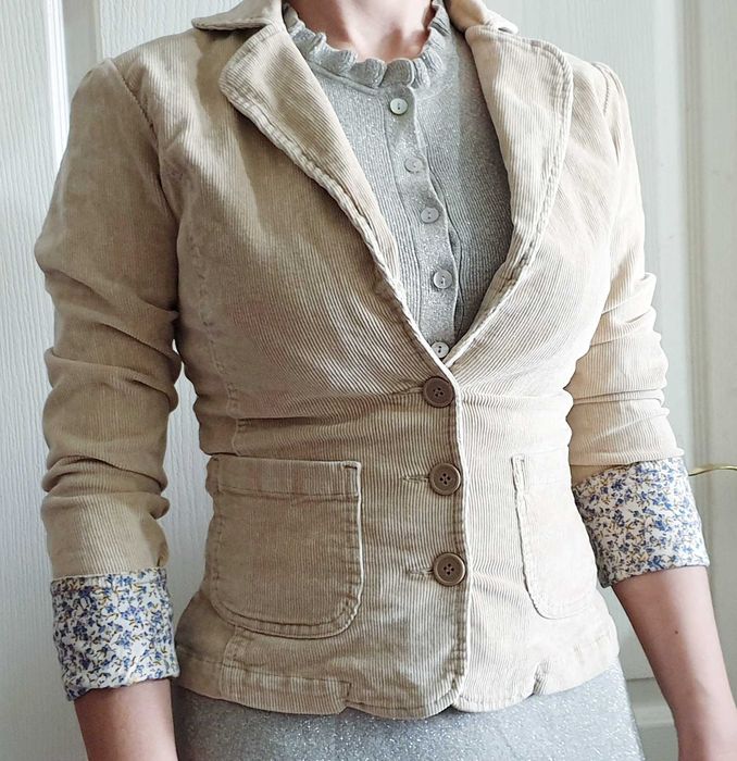 Sacou damă XS/S jachetă raiată bej, slim fit, casual chic primăvară, buzunare