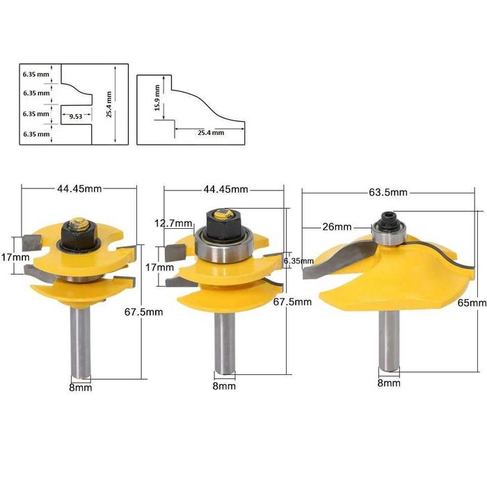 Фрезери к-т 3 броя за таблени вратички, захват 8mm, h до 25mm,20204081