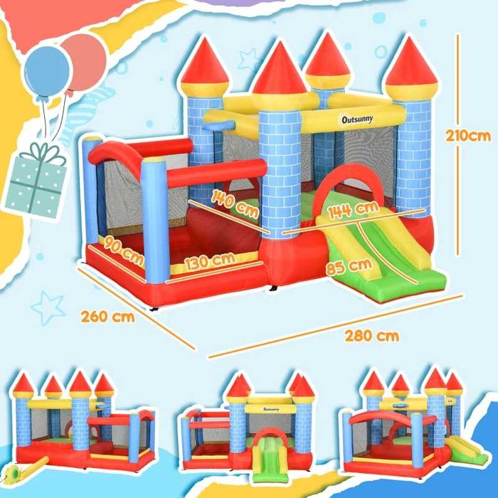 Castel gonflabil pentru copii cu tobogan, piscină și coș de baschet, 300 x 275 x 210 cm