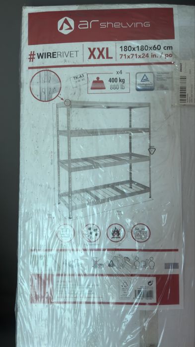 Голям Чисто нов Метален стоманен здрав стелаж 180x180x60 см височина, широчина дълбочина стоманена решетка 4 рафта до 400кг на рафт