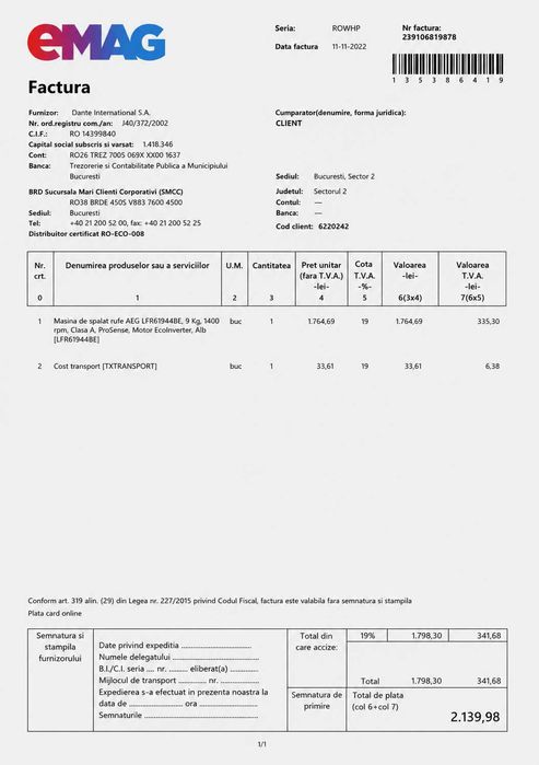 Mașină de spălat AEG LFR61944BE, 9 kg, 1400 rpm, Clasa A – neutilizată