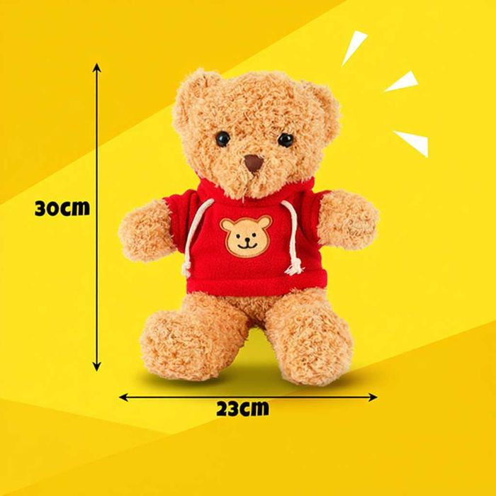 Ursulet de plus moale si pufos maro deschis cu pulover rosu 30 x 23 cm