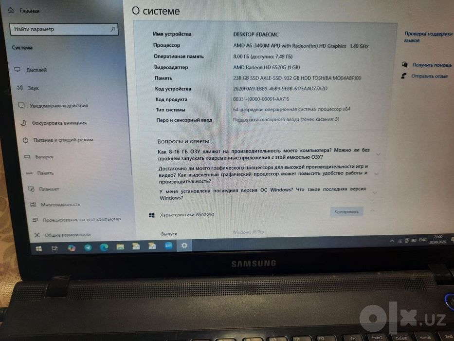 Samsung noutbuk sotiladi.
AMD A6-3400M, 8 GB RAM, 238 GB SSD + 932 GB