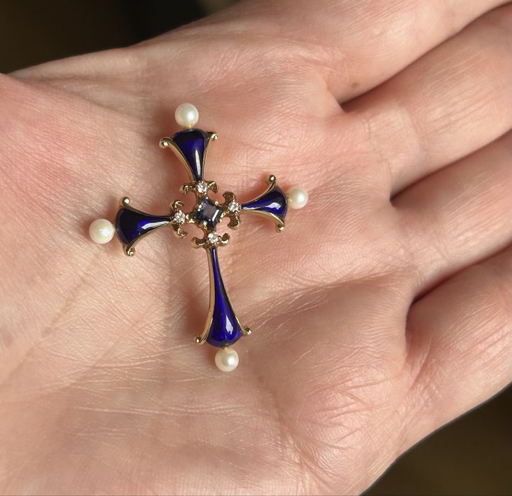 Cruciuliță Faberge, aur 14K, email, diamante