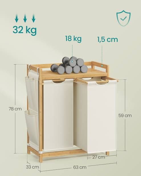Бамбуков кош за пране SONGMICS 2x50L с рафт и странични джобове