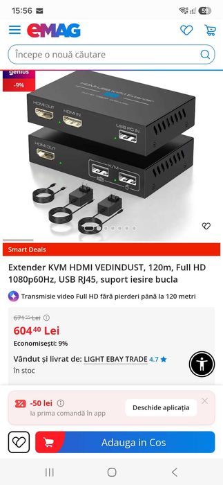 Extender KVM HDMI VEDINDUST, 120m, Full HD 1080p60Hz, USB RJ45, suport iesire bucla