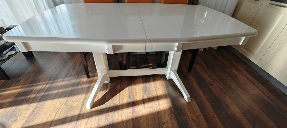 Masă living/bucătărie extensibilă albă (lemn masiv + MDF) 1.70m - 2.60m