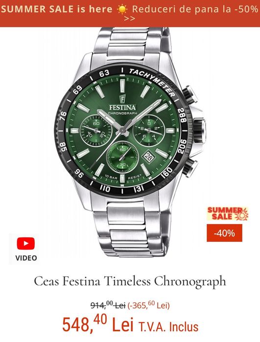 Festina Ceas Barbatesc 45mm Cronograf cu Baterie cu Brățară Metalică Argintie