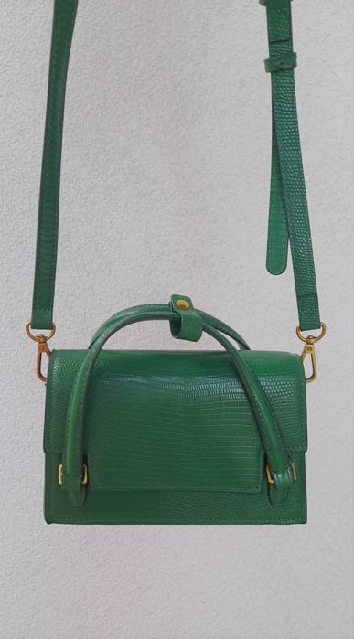 Елегантна чанта Zara Mini City Bag – Тъмнозелена, тип „гущер“