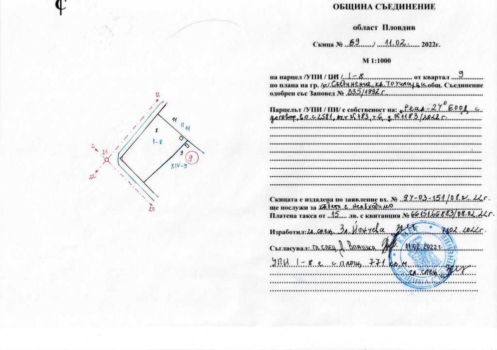 УПИ 1455м2 гр.Съединение квартал Точиларци до трафопост с кладенец сонда за вода