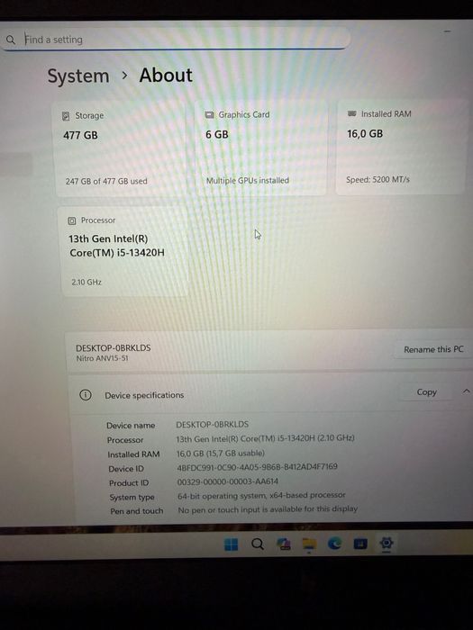 Гейминг лаптоп Acer Nitro, i5-13420H, 165Hz, 16GB DDR5, 512GB SSD, 4050 6GB,