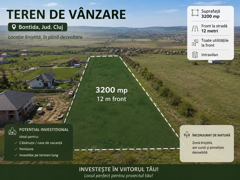 Teren intravilan 3.200 mp în Bonțida | Utilități | Zonă în dezvoltare | 65.000 €